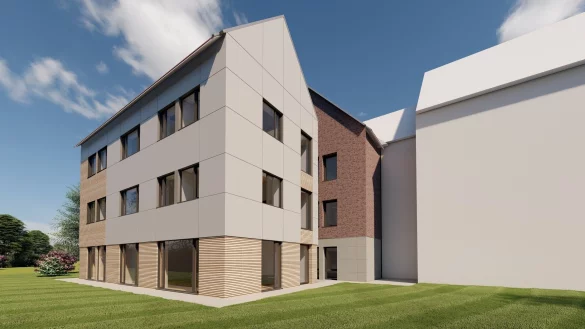 Der geplante Anbau ans D&ouml;rentruper Rathaus kommt in zeitgem&auml;&szlig;em Holz-Design daher. Hier soll das Regionalb&uuml;ro D&ouml;rentrup des Kreisjugendamtes R&auml;ume einziehen. - &copy; brandarchitekten.de