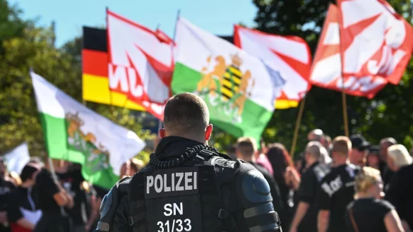 Ein Polizist steht vor einem Fahnenmeer der rechten Szene in Sachsen. Beamte tragen entscheidend zur &ouml;ffentlichen Ordnung und Sicherheit bei. - &copy; Heiko Rebsch