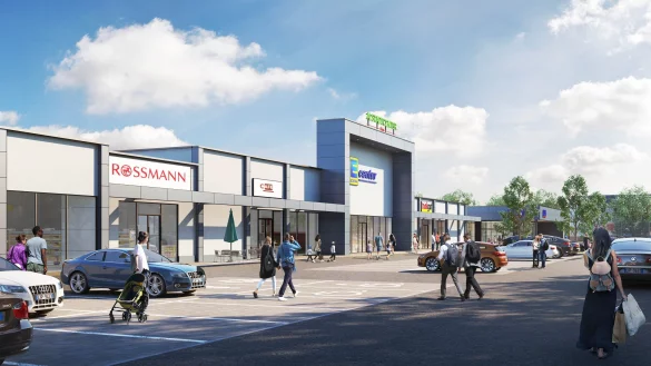 Eine alte Visualisierung des k&uuml;nftigen Fachmarktzentrums in der Kampstra&szlig;e. Statt des im Bild zu sehenden Edeka soll nun ein Lidl einziehen und statt des Trinkgut-Getr&auml;nkemarkts kommt ein Action-Markt. - &copy; Grafik: Halsdorfer + Ingenieure