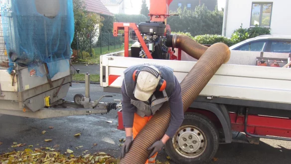 Mit dem Laubsauger werden hier Bl&auml;tter aufgesammelt. - &copy; Bildrechte: Gemeinde Schlangen