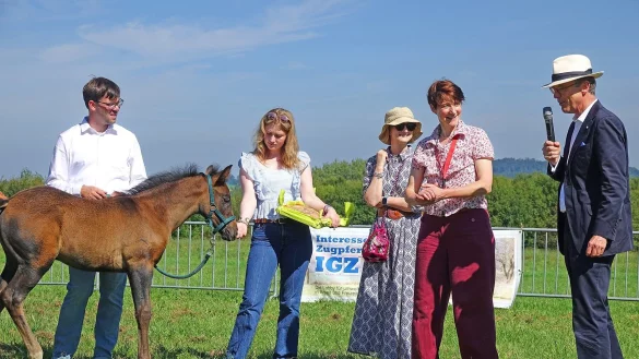 Bei der Fohlentaufe: Dr. Christian H&ouml;ing (Landschafts&ouml;kologe des Freilichtmuseums), Mathilde Prinzessin zur Lippe, Maria Gr&auml;fin zu Solms-Laubach, Museumsdirektorin Dr. Marie Luisa Allemeyer und Stephan Prinz zur Lippe (von links). - &copy; LWL/Robin J&auml;hne