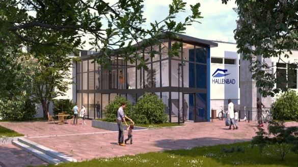 Die Planer von Vision 12 w&uuml;rden den Eingang des Hallenbads komplett &uuml;berbauen, um Raum zu gewinnen und die Badeg&auml;ste vor dem Wetter zu sch&uuml;tzen. - &copy; Entwurf: Vision 12