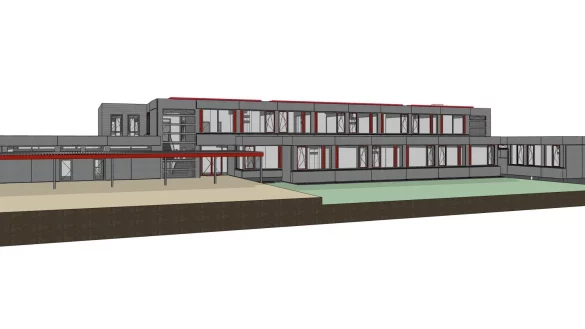 So k&ouml;nnte die Grundschule Langenholzhausen nach der energetischen Sanierung aussehen. Es sind aber noch nicht alle Details festgezurrt. So ist die Farbe Rot bislang ein Vorschlag des Architekturb&uuml;ros Schwakenberg/Bley. - &copy; Grafik: Schwakenberg Bley Architektenpartnerschaft