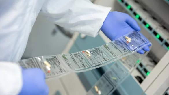 Individuell f&uuml;r jeden Patienten, perfekt mit Namen, Dosierung und Tageszeit: Maschinell werden die Medikamente in die Schlauchblister gef&uuml;llt. - &copy; ulfsalzmann.de