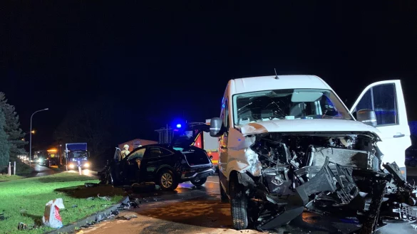 Die beiden an dem Unfall beteiligten Fahrzeuge sind schwer besch&auml;digt. Die Feuerwehr hat ausgelaufene Betriebsstoffe auf der Stra&szlig;e abgestreut. - &copy; Freiwillige Feuerwehr/Daniel Hobein