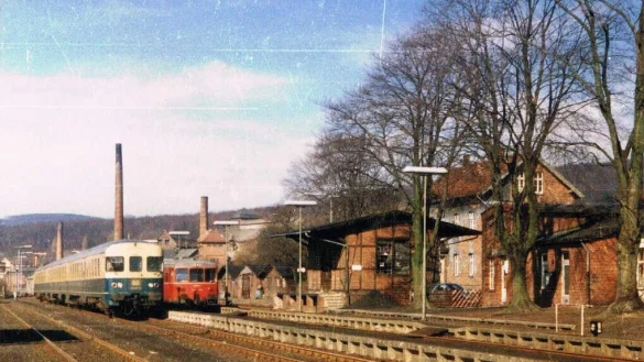 Der Bahnhof in D&ouml;rentrup kurz vor Stilllegung des Personenverkehrs im Jahr 1980. Zu sehen sind (von rechts) das Empfangsgeb&auml;ude, das Beamtenwohnhaus, der bahneigene Fachwerk-G&uuml;terschuppen und die Lagerschuppen des &ouml;rtlichen Brennstoffh&auml;ndlers. Die im Hintergrund erkennbaren "D&ouml;rentruper Sand- und Thonwerke" haben den Bau der Bahnstrecke vor gut 130 Jahren ma&szlig;geblich vorangetrieben. - &copy; Ralf Maritschnigg