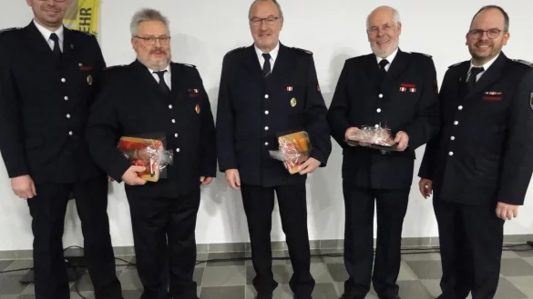 Verdiente Augustdorfer Feuerwehrleute (von links): Michael Pape, Helmut B&ouml;ger, Manfred Wagner, Helmut und Andreas Jakoby. (Foto: Hajo G&auml;rtner) - &copy; Hajo G&auml;rtner