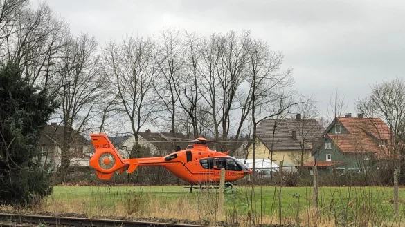 Rettungshubschrauber Christoph 13 landet auf einer Wiese nahe der Sch&ouml;tmarschen Stra&szlig;e. - &copy; Feuerwehr Lage