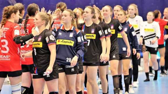 Abklatschen mit dem Gegner: die HSG-Spielerinnen mit (von links) Laura R&uuml;ffieux, Emelyn van Wingerden, Emma Hertha, Ann Kynast, Linnea Pettersson, Cara Reiche. Nele Wenzel und Marie Andresen. Archivfoto: Paul Cohen - &copy; paul cohen