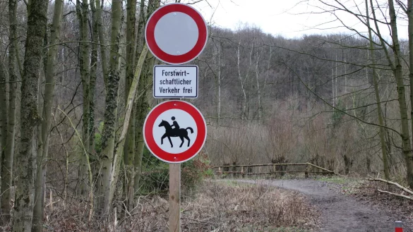 Das Reiten im Stadtwald wird seit Dezember stark reglementiert. Die rot umrandeten Verkehrsschilder geben an, dass Pferde auf diesem Weg verboten sind. - &copy; Sandra Castrup