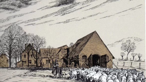 Ein Sch&auml;fer weidet seine Tiere am Hof S&uuml;ltemeier, gezeichnet von Ernst Seng. Heute steht dort der Rewe-Markt. - &copy; Repro: Horst Biere