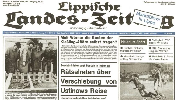 Die Titelseite der LZ vom 6. Februar 1984. Im Fu&szlig;ball marschieren Schalke und die Arminia - daran kann man sich heute kaum noch erinnern. - &copy; Lippische Landes-Zeitung