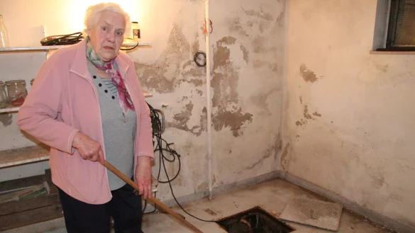 Inge Kronshage muss mehrmals t&auml;glich in den Keller gehen, um mit der Flitsche das Wasser in den Pumpensumpf zu schieben. Die Feuchtigkeitssch&auml;den an der Wand sind un&uuml;bersehbar. - &copy; Dieter Asbrock