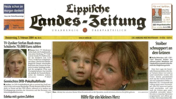 Die Titelseite der LZ vom 5. Februar 2004. Was zuerst ins Auge f&auml;llt: Die Tageszeitung hat an Farbe gewonnen. - &copy; Lippische Landes-Zeitung