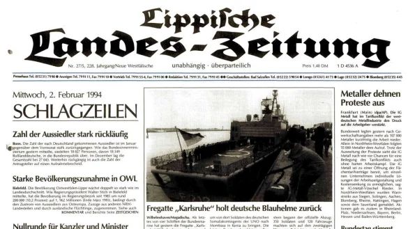 Die Titelseite der LZ vom 2. Februar 1994. Die Schlagzeilen bestimmt die geplante R&uuml;ckholung der deutschen Soldaten aus Somalia. - &copy; Lippische Landes-Zeitung