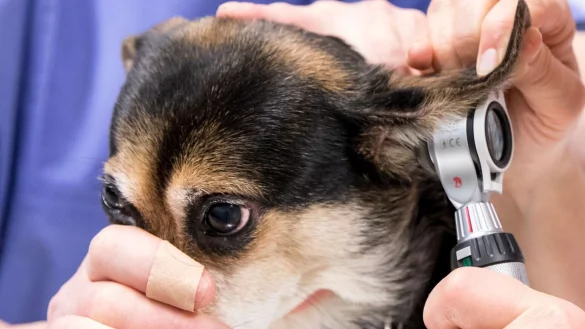 Der Tierschutzbund befürchtet, dass jedem vierten Tierheim die Luft ausgeht, weil die finanziellen Probleme zu groß werden. Am 22. November ist auch noch die neue Gebührenordnung für Tierärzte in Kraft getreten. Das Tierheim Bielefeld hat Glück und mit Mirko Quest einen eigenen Arzt, der hier Hündin Lilly ins Ohr schaut. Foto: Andreas Zobe - © Verwendung weltweit