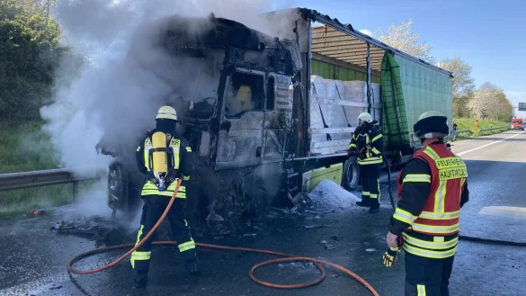 Das Fahrerhaus des Lkw ist durch das Feuer vollst&auml;ndig zerst&ouml;rt worden. - &copy; Feuewehr Bad Salzuflen