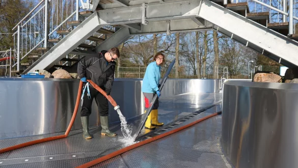S&ouml;ren Bertram beginnt mit dem Wassereinlassen im Becken im Bega-Bad, Kollegin Kerstin Busse-Heling setzt danach die Sch&auml;chte ein. - &copy; Alexandra Schaller