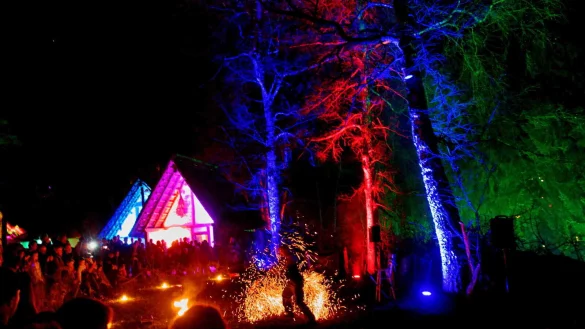 Stimmung: B&auml;ume und H&auml;user sind illuminiert. Im Vordergrund ist ein Feuert&auml;nzer zu sehen.
Foto: Museum - &copy; AFM