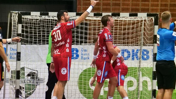 Schrecksekunde kurz vor Schluss: W&auml;hrend Jonathan Carlsbogard mit schmerzverzerrtem Gesicht und krummen Finger Richtung Bank marschiert, signalisiert Gedeon Guardiola schon mal die Problemzone. Foto: J&ouml;rg Hagemann - &copy; J&ouml;rg Hagemann