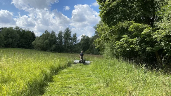 Das Doppelmesser-M&auml;hwerk m&auml;ht auf einer Breite von drei Metern. - &copy; Uphoff Gartengestaltung