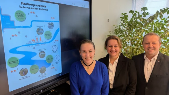 Stadtplanerin Alla Dronova, Fachbereichsleiterin Ewa Hermann und B&uuml;rgermeister Mario Hecker, (von links) stellen zwei Informationsflyer zu den Themen Starkregen- und Hochwasserschutz vor. - &copy; Gemeinde Kalletal