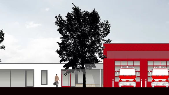 So sieht der Entwurf des Planungsb&uuml;ros Brand Architekten aus Lemgo f&uuml;r das neue Feuerwehrger&auml;tehaus in Donop mit einer dynamisch gezeichneten Fahrzeughalle aus.&nbsp; - &copy; Planungsb&uuml;ro Brand Architekten