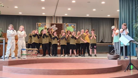 Die Sch&uuml;lerinnen und Sch&uuml;ler des Kinderorchesters der Grundschule-West waren als Bienen und Imker verkleidet. - &copy; Nadine Uphoff