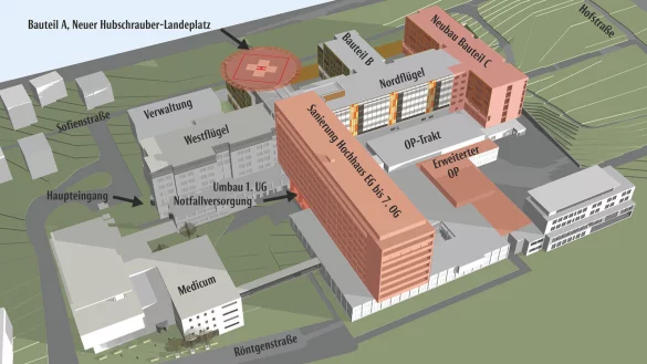 Die Pl&auml;ne in der &Uuml;bersicht: Dort wird die Klinikum Lippe GmbH in den kommenden zehn Jahren 40 Millionen Euro investieren. Im Mittelpunkt stehen der Notfallambulanz-Umbau, der neue Nordfl&uuml;gel und die Hochhaus-Sanierung. - &copy; Entwurf: Architektengruppe Schweitzer + Partner