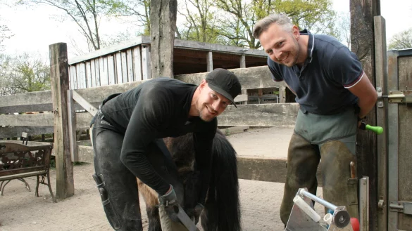 Stolz auf seinen Azubi und k&uuml;nftigen Gesch&auml;ftspartner: Schmied Glen Pinxteren (rechts) hat den ehemaligen Profi-Boxer Sebastian Real (links, hier mit Shetlandpony Sanso) ausgebildet. - &copy; Sylvia Frevert