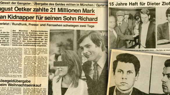 Schlagzeilen: Seit dem 17. Dezember 1976 berichtete diese Zeitung &uuml;ber den Fall. Zun&auml;chst war der Opel Commodore (l. oben), in dem Richard Oetker gefunden wurde, die hei&szlig;este Spur. Im Juni 1980 wurde Dieter Zlof (r.) verurteilt. - &copy; Repros: Archiv