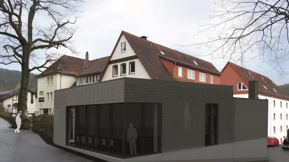 So soll der Neubau aussehen: Bis August entsteht ein 120 Quadratmeter großer Anbau, der unter anderem als Konferenzraum genutzt werden kann. - © Montage: Architekturbüro Sander