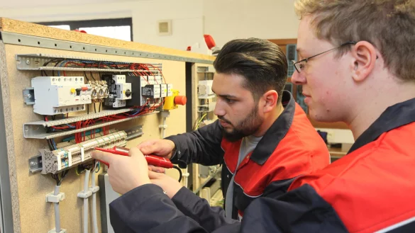 Beruf mit Zukunft: Bekir Duran, der bei Elektro-Lampe in Detmold lernt, holt sich Tipps beim Gesellen Marcel Fröhlich. - © Archiv: Bernhard Preuß