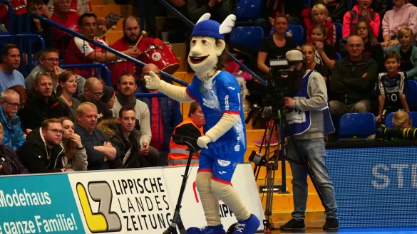 Der rollende Hermann, Maskottchen des TBV Lemgo Lippe, motiviert die Fans zum Ticketkauf. - &copy; J&ouml;rg Hagemann