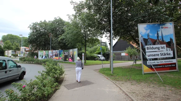 Am Ostertor-Kreisel h&auml;ngen gro&szlig;formatige Wahlplakate verschiedener Parteien. - &copy; Jens Rademacher