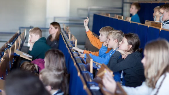 Artig aufzeigen: Wenn der Professor eine Frage stellt, gehen
in den Reihen vereinzelt die H&auml;nde nach oben. Wer etwas
wei&szlig;, der meldet sich. - &copy; Gocke