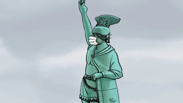 Auch ein Held ben&ouml;tigt Schutz: So symbolisiert unser Karikaturist Andr&eacute; Sedlaczek die aktuelle Situation. - &copy; Andre Sedlaczek