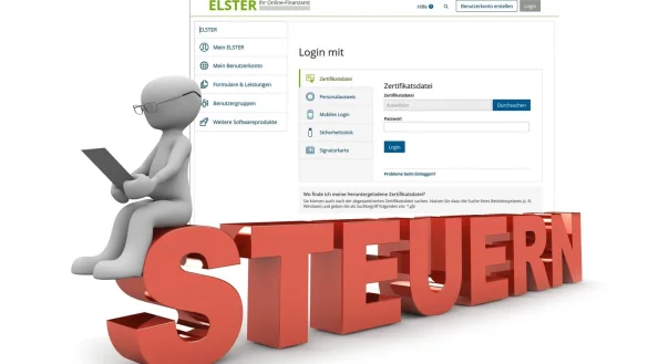 Tablet genügt: Über „Mein-Elster" kann man die Steuererklärung komplett an das Finanzamt schicken. - © Screensgot: elster.de / Bild: Pixabay.com/ Montage: Oliver Wendtland