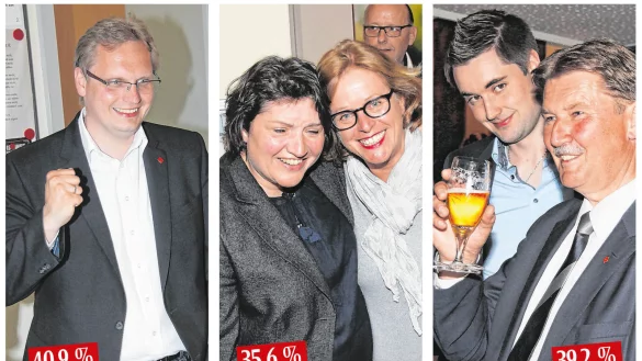 Stolze SPD-Kandidaten: (von links) Dennis Maelzer, Ellen Stock (mit Ex-Ministerin Ute Sch&auml;fer) und J&uuml;rgen Berghahn mit Sohn Kevin. - &copy; Martin Hostert, Marianne Schwarzer