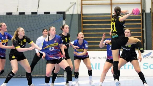 Keine Chance f&uuml;r die Dortmunder Angreiferin, die Blomberger Deckung ist zur Stelle. - &copy; Oliver K&ouml;nig