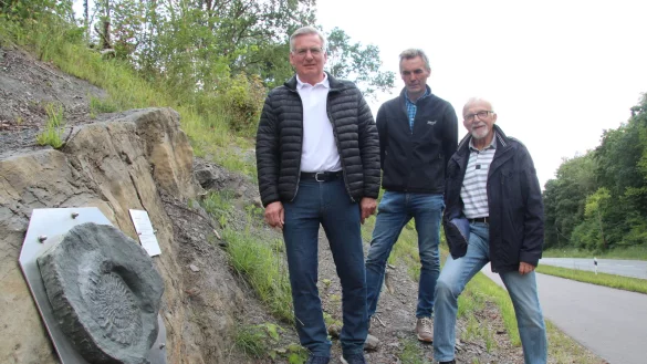 Ein seltenes Fundst&uuml;ck: Wolfgang Diekmann und Hubert Ebers vom Verein "L&auml;ndlicher Raum aktiv e.V." sowie Werner Diekmann von der Dorfwerkstatt Sandebeck freuen sich, einen Abguss des Ammoniten pr&auml;sentieren zu k&ouml;nnen, der beim Bau des B&uuml;rgerradweges gefunden wurde. - &copy; Dieter Asbrock