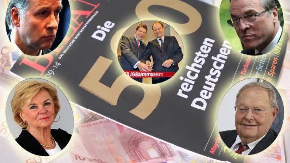 Zu den reichsten Menschen Deutschlands geh&ouml;ren (v.&thinsp;l.) Liz Mohn, Johannes Mohn, Reinhard Zinkann und Markus Miele sowie Clemens T&ouml;nnies. Laut Einzelwertung hat das meiste Geld im Kreis G&uuml;tersloh die Familie von Helmut Claas (r.). - &copy; FOTOS: RAIMUND VORNB&Auml;UMEN / MONTAGE: PATRICK MENZEL