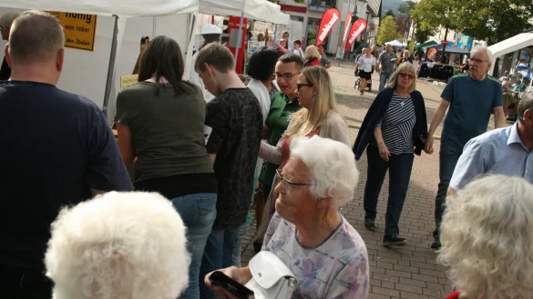 Beim Sommerfest im Bösingfelder Ortskern präsentieren sich Einzelhändler, Vereine und Institutionen dem Publikum. Viele Besucher bleiben an den Ständen stehen und informieren sich über Produkte oder Arbeitsweisen. - © Sylvia Frevert