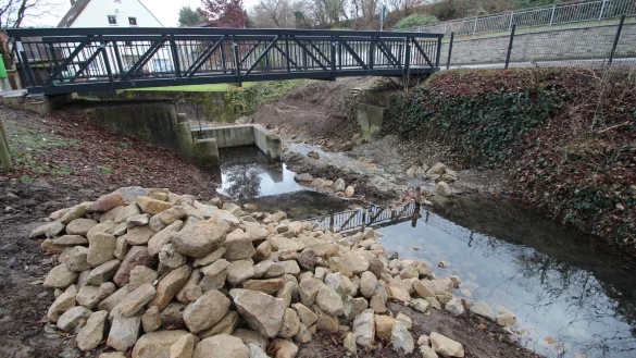 Die neue Sohlgleite ersetzt die bisherige Fischaufstiegsanlage, die nicht mehr dem Stand der Technik entsprach. Vor allem Forellen sollen so einen H&ouml;henunterschied von rund 1,5 Meter &uuml;berwinden k&ouml;nnen. - &copy; Jens Rademacher