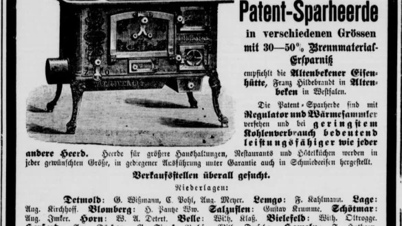 Mit solchen Anzeigen wurde der preisgekrönte "Altenbekener Sparheerd" auch in der LZ beworben sowie in verschiedenen Geschäften in Lippe verkauft. - © Repro: Benedikt Heitmar