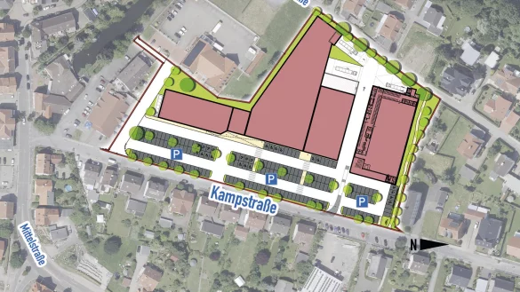 Der Lageplan zeigt, wie das Fachmarktzentrum in der Kampstra&szlig;e aussehen soll. Auf einer Gesamtfl&auml;che von 18.300 Quadratmetern sollen ein Vollsortimenter, ein Discounter, eine Drogerie, ein Getr&auml;nkemarkt und ein Textilgesch&auml;ft entstehen.
 - &copy; Land NRW (2019) / Zeichnung: halsdorfer + ingenieure projekt gmbh / Montage: Oliver Wendtland