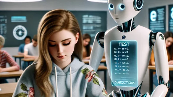 Wenn die künstliche Intelligenz bei Klassenarbeiten oder Klausuren hilft, passiert das natürlich weniger auffällig, als in dieser Illustration, die übrigens auch von der KI erzeugt worden ist. Eigentlich reicht ein kurzer Moment und ein verstecktens Smartphone. - © Chat GPT