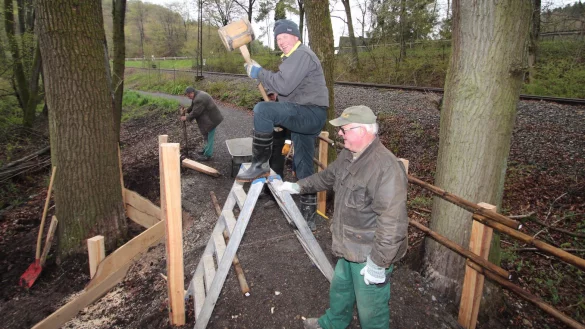Dirk Huxol (auf der Leiter), Heinrich-Wilhelm Tölle (rechts) und Ulrich Meierhans (im Hintergrund) sichern die Böschung des Radwegs an einer Stelle bei Eimke. - © Jens Rademacher