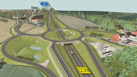 Die Grafik zeigt den geplanten Knotenpunkt mit der Werler und der Biemser Straße im Zuge des Ausbaus der B 239n. Die Bundesstraße wird künftig unter einem großen Kreisel, der die Nebenstraßen anbindet, hindurch geführt. Die Dorfstraße wird mit einem Schlenker an den Kreisel angebunden. - © Straßen.NRW