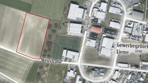 Schl&uuml;sselgrundst&uuml;ck: Das umrandete Areal hat sich die Stadt gesichert. Dort und anstelle der Gr&uuml;nstreifen sollen sich weitere Firmen ansiedeln. - &copy; Maren Brettmeier